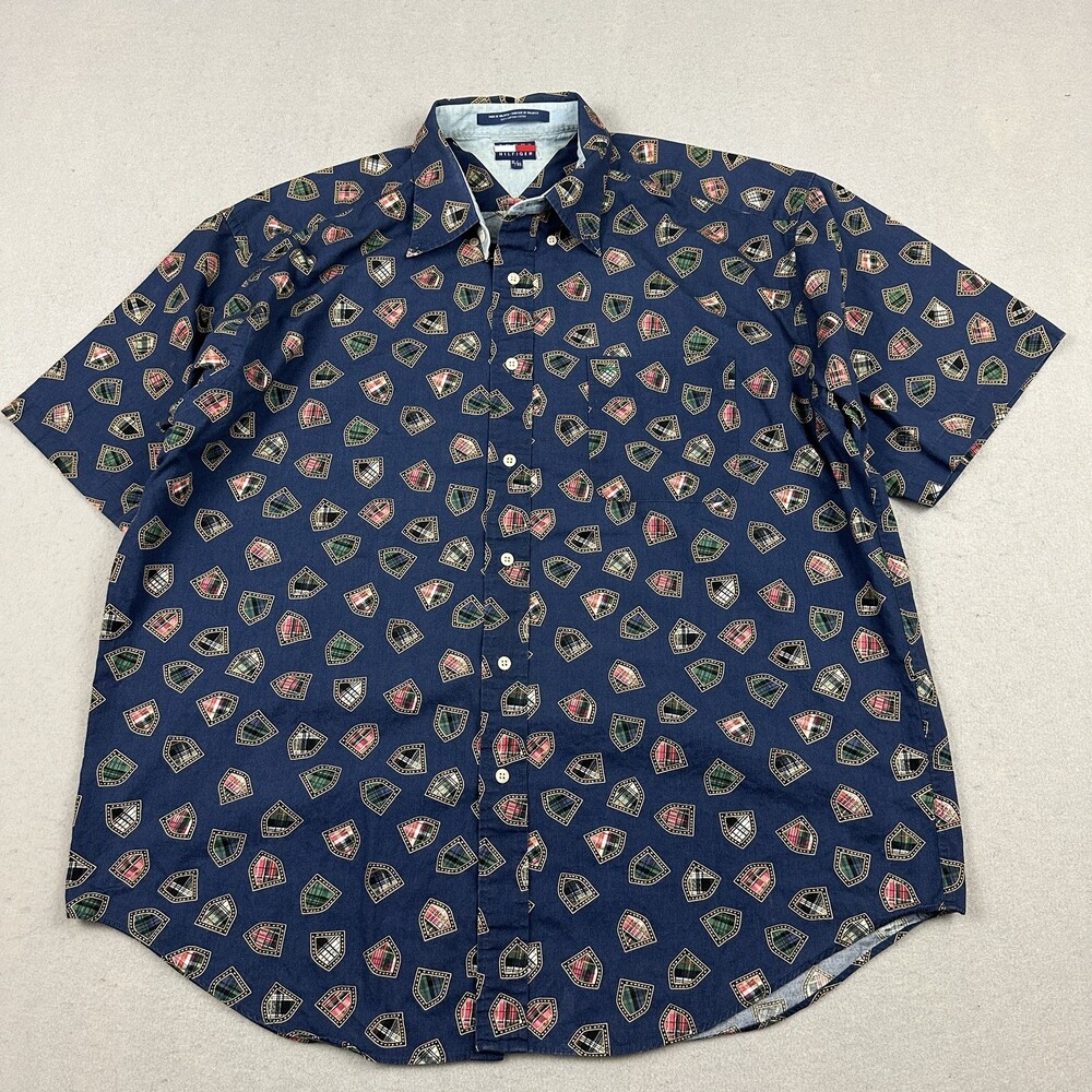 Tommy Bahama Shirt Men Extra Large Blue Floral Patchwork Hawaiian Button Up XL *